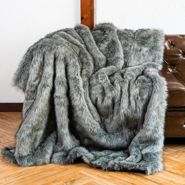 Gray Wolf Faux Fur Throw