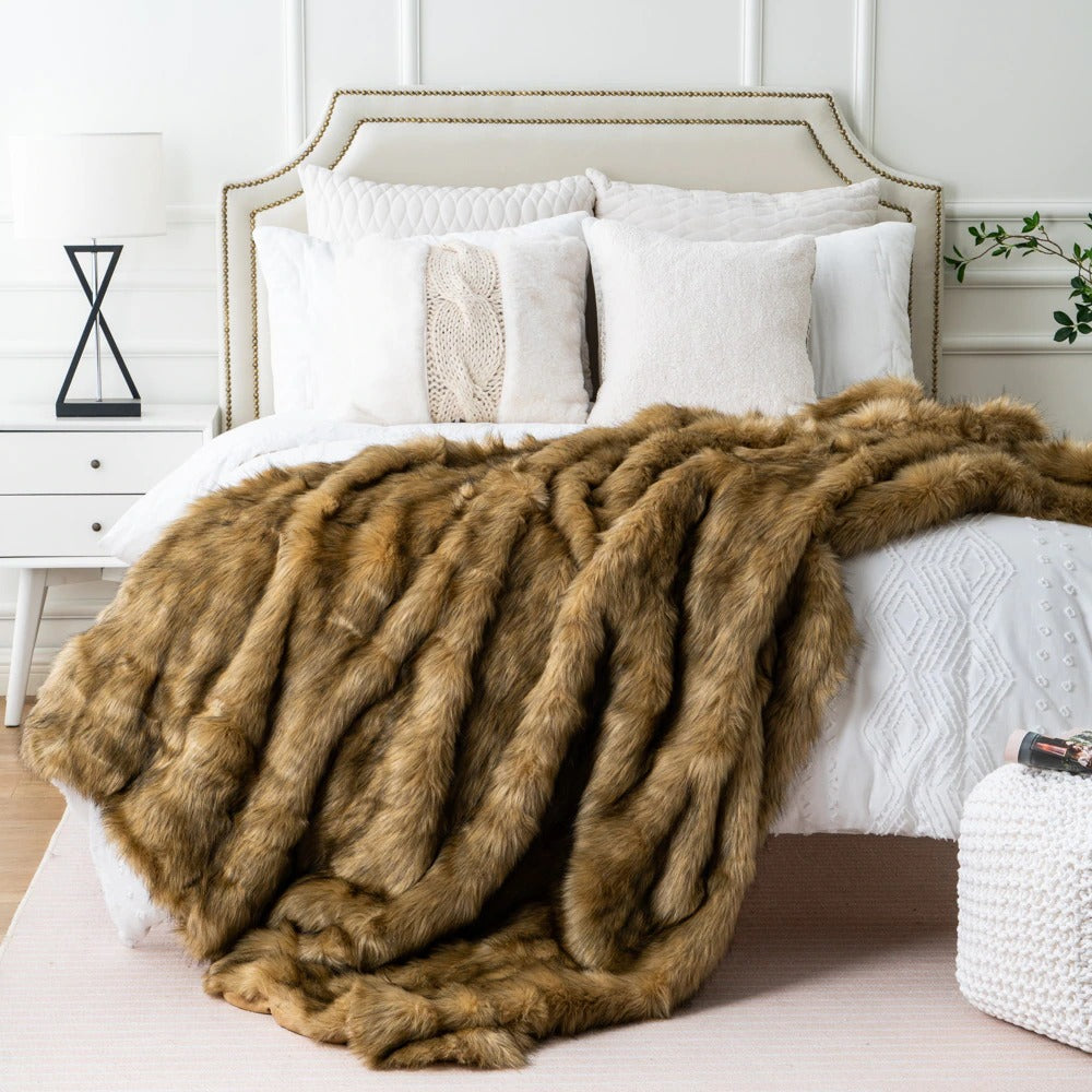 Beige Faux Wolf Fur Throw